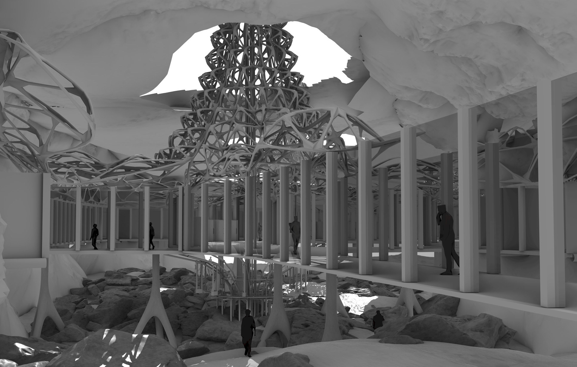 Interior render of preserved cave floor with lattice canopy above
