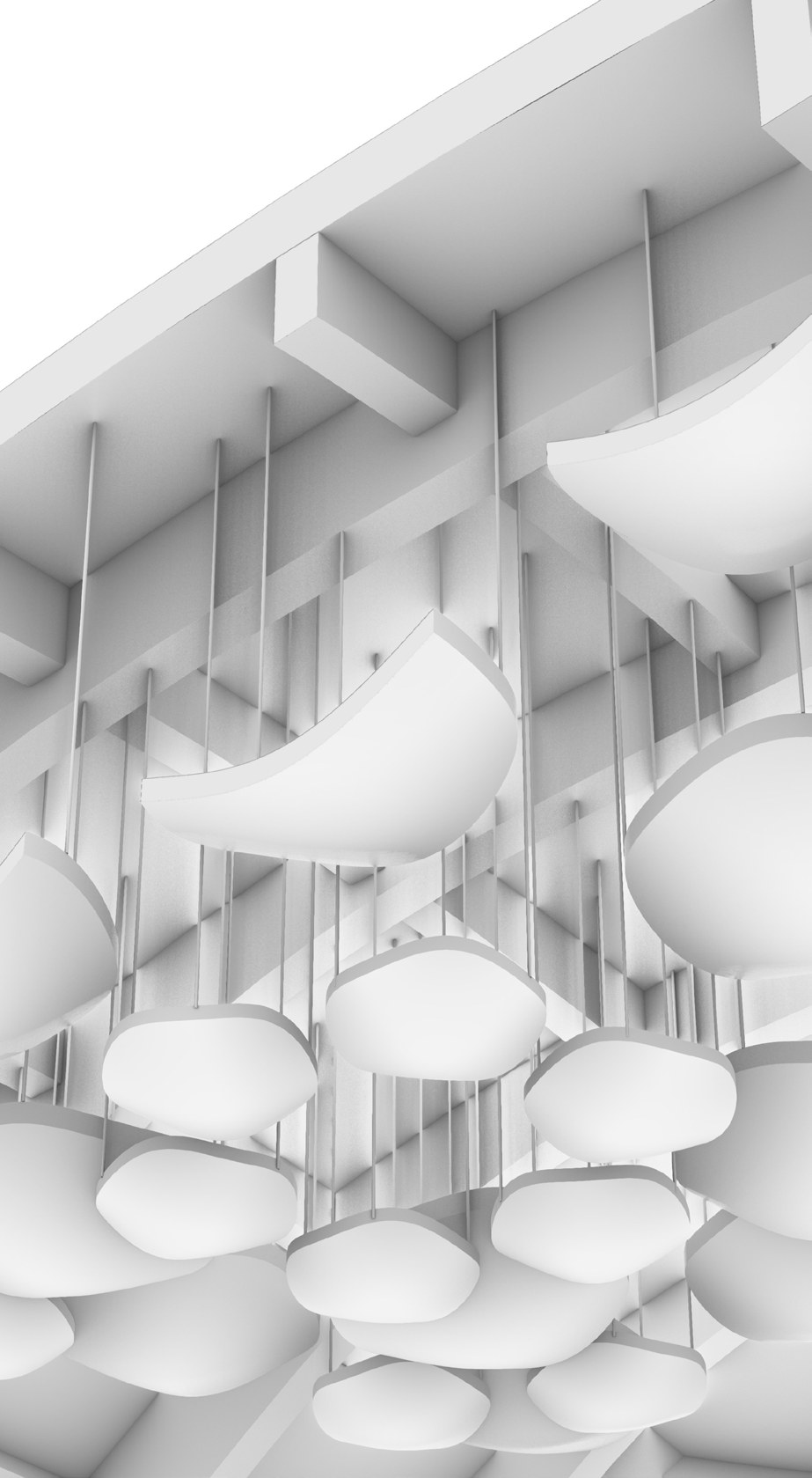 Acoustic strategy detail — pebble-shaped ceiling baffles