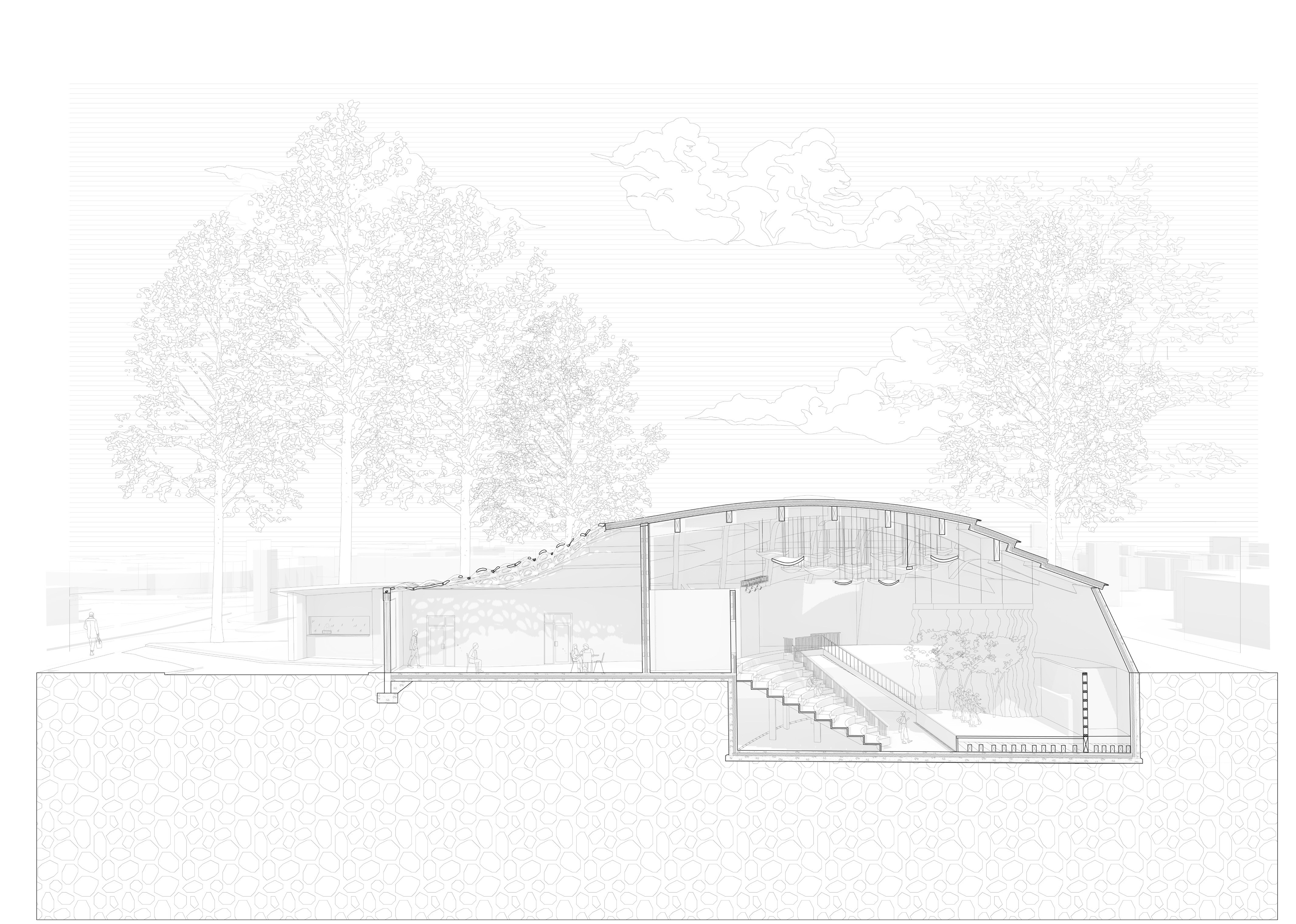 Perspective section of the Continuum showing arched roof and below-ground amphitheatre