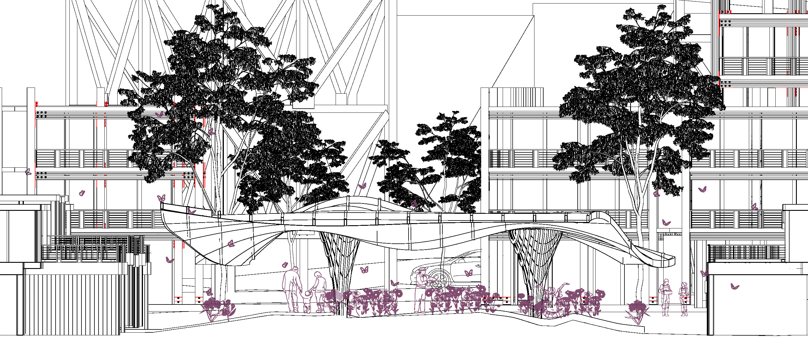Section elevation through the courtyard with waffled canopy and trees