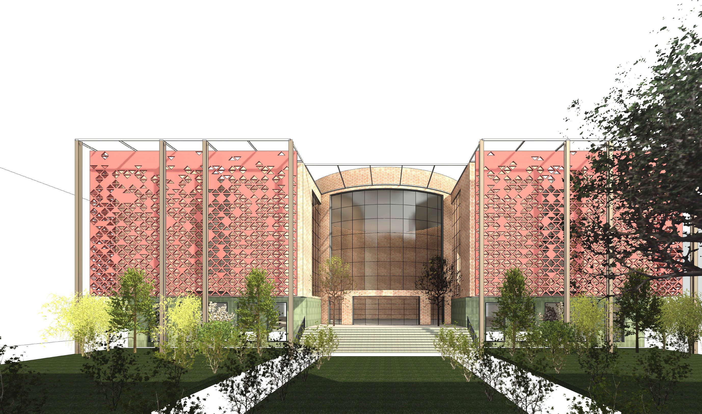 Perspective elevation of the EAS School with terracotta screen