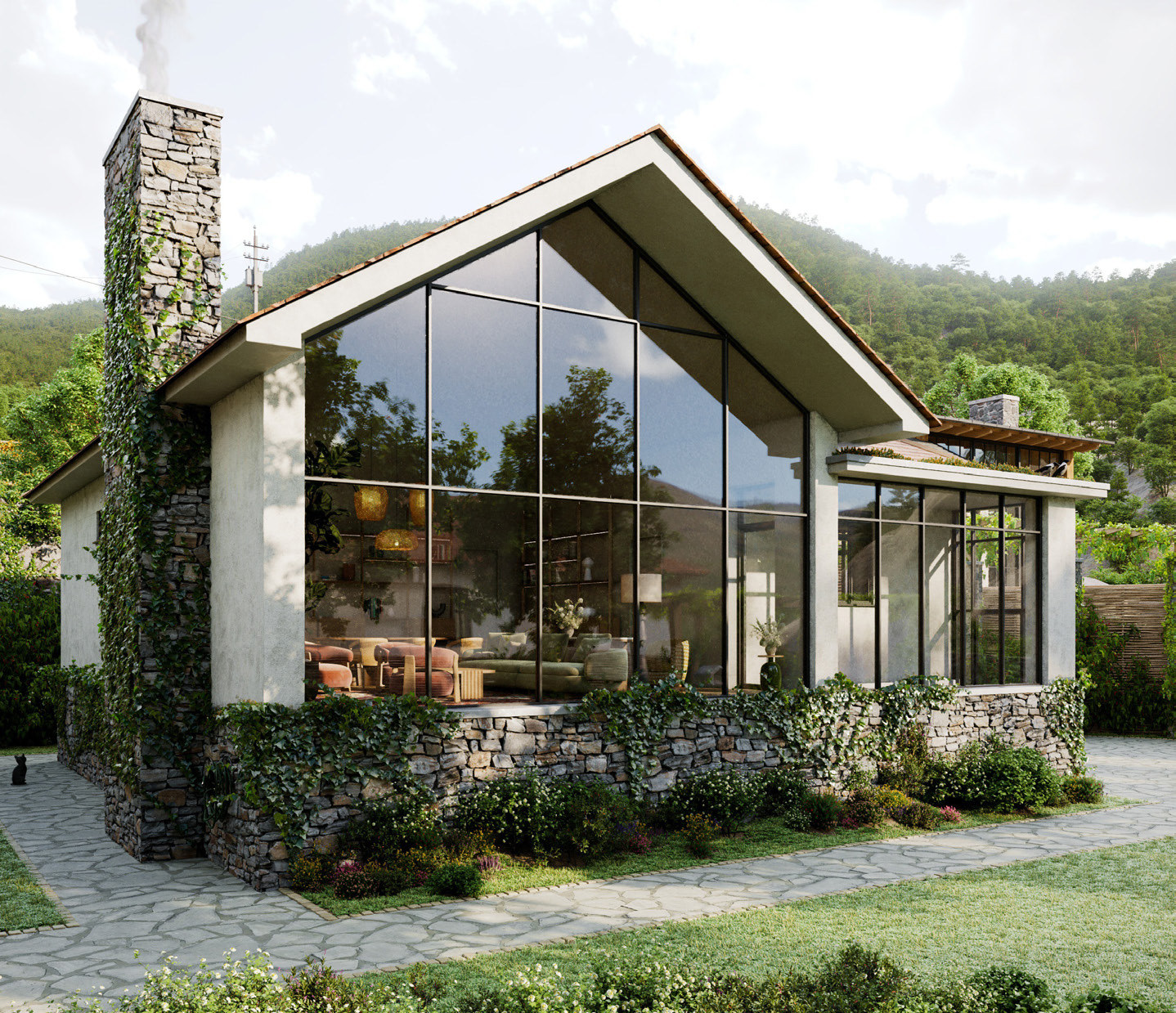Render of the Gold tier residence with stone chimney and full-height glazing