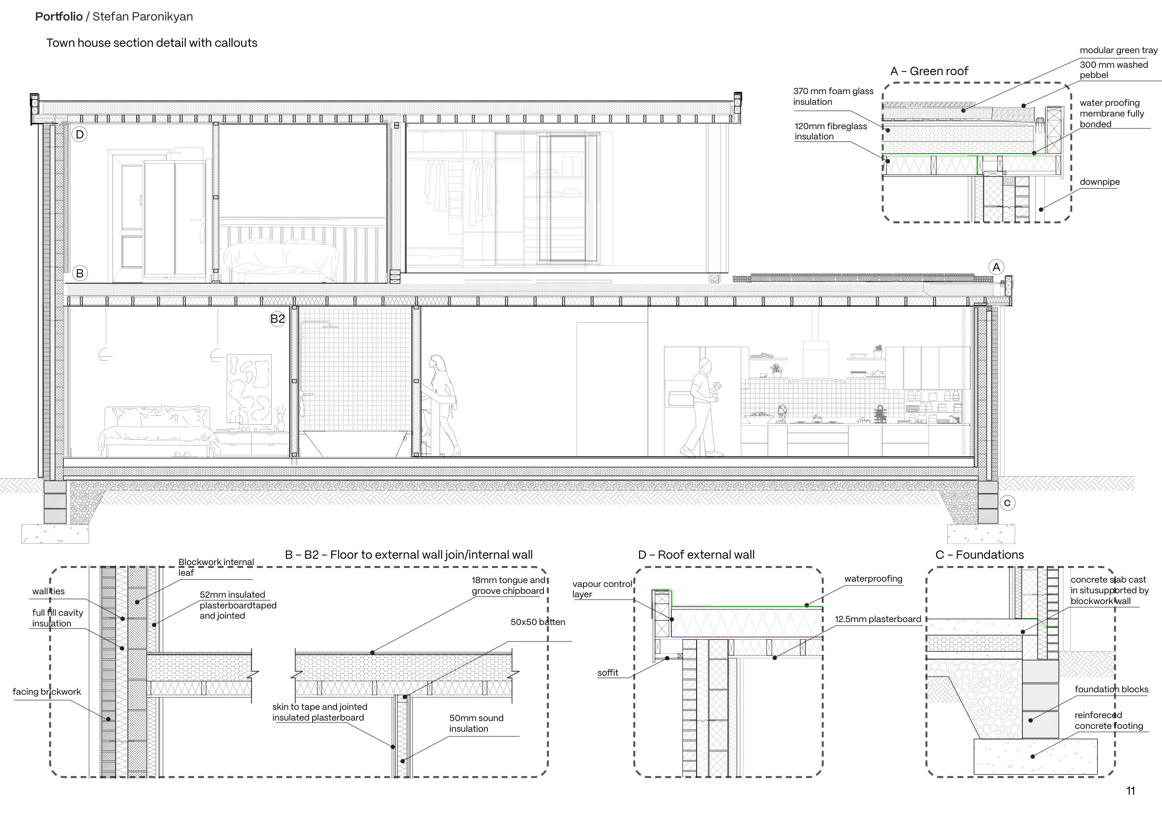 Town-house section detail with construction call-outs A, B, C, D